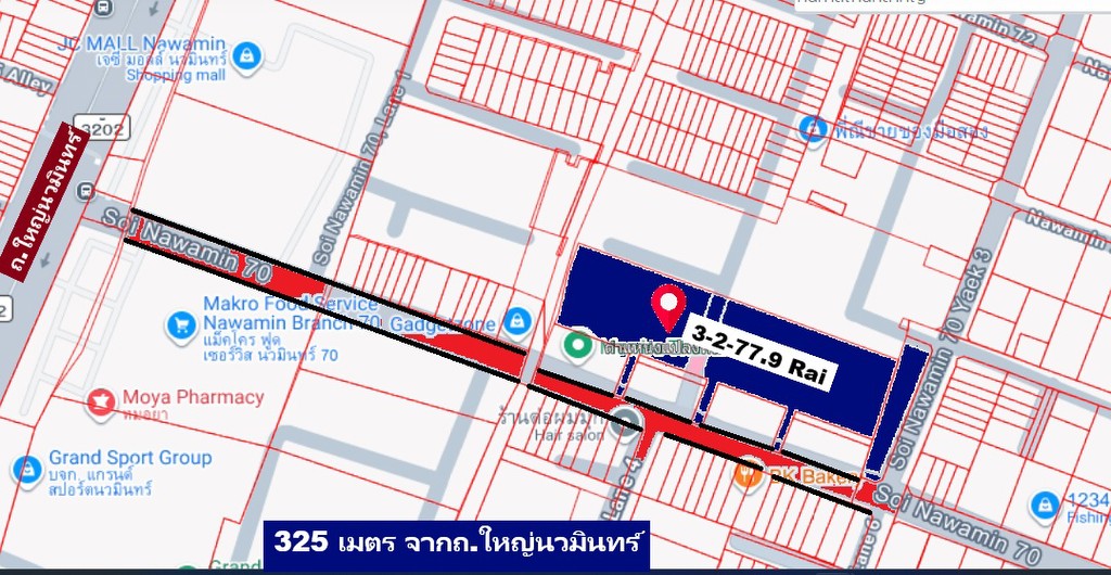 ขายที่ดินทำเลทอง 3-2-77.9 ไร่ แปลงสวยมากนวมินทร์ 70 แยก 3 ใกล้ปากซอยนวมินทร์ 70 สวยๆหน้าซอยร้านหรูเพ
