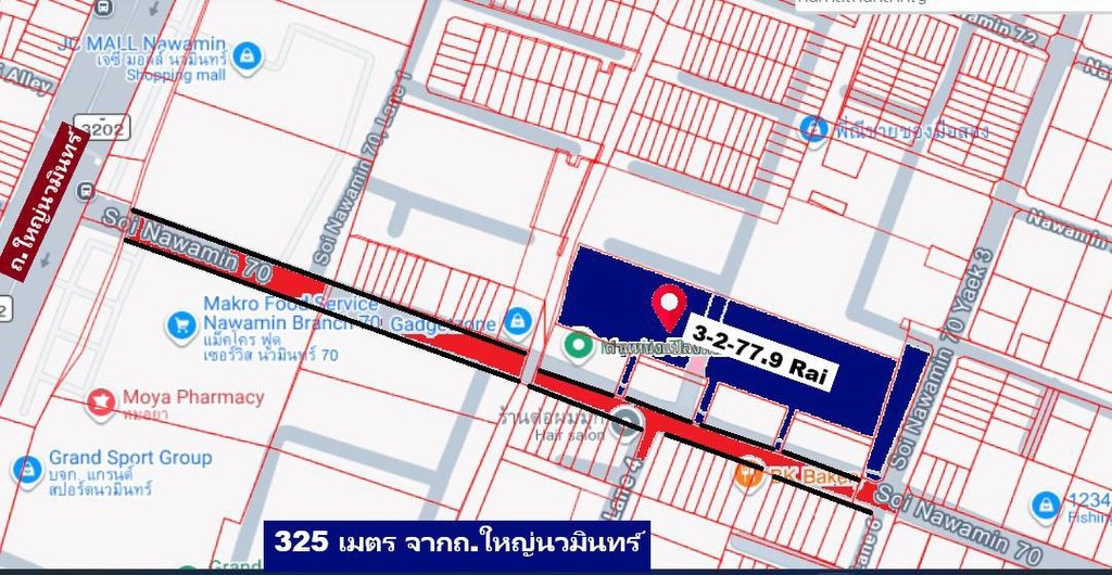 ขายที่ดินทำเลทอง 3-2-77.9 ไร่ ราคาซื้อได้แปลงสวยนวมินทร์ 70 แยก 3 ใกล้ปากซอย ปีใหม่2570  สีส้ม FAR