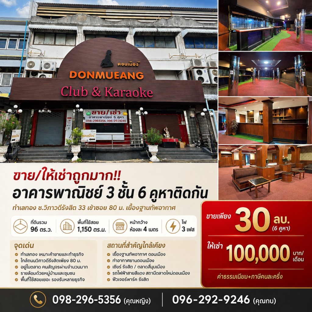 ขาย/ให้เช่าถูกมาก!! อาคารพาณิชย์ 3 ชั้น 6 คูหาติดกัน ทำเลทอง ซ.วิภาวดีรังสิต 33 เข้าซอย 80 ม. เยื้อง