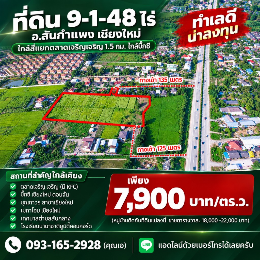 ถูกมาก!! ที่ดิน 9-1-48 ไร่ อ.สันกำแพง เชียงใหม่ ใกล้สี่แยกตลาดเจริญเจริญ 1.5 กม. ใกล้บิ๊กซี เพียง 7,