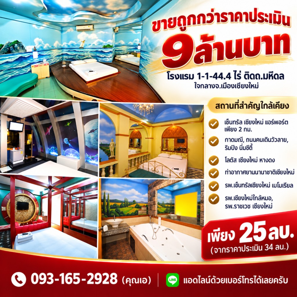 ขายถูกกว่าประเมิน 9 ล้าน!! โรงแรม 1-1-44.4 ไร่ ติดถ.มหิดล ใจกลางอ.เมืองเชียงใหม่ ใกล้เซ็นทรัลแอร์พอร