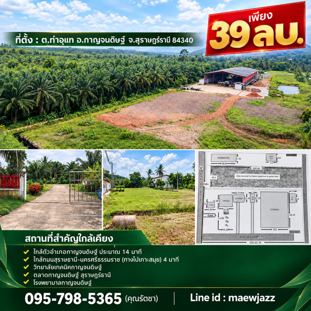 ขายถูกมาก!! ที่ดิน + อาคาร + โกดัง ขนาด 25 ไร่ ทำเลดี อ.กาญจนดิษฐ์ จ.สุราษฎร์ธานี ใกล้อำเภอเมืองสุรา