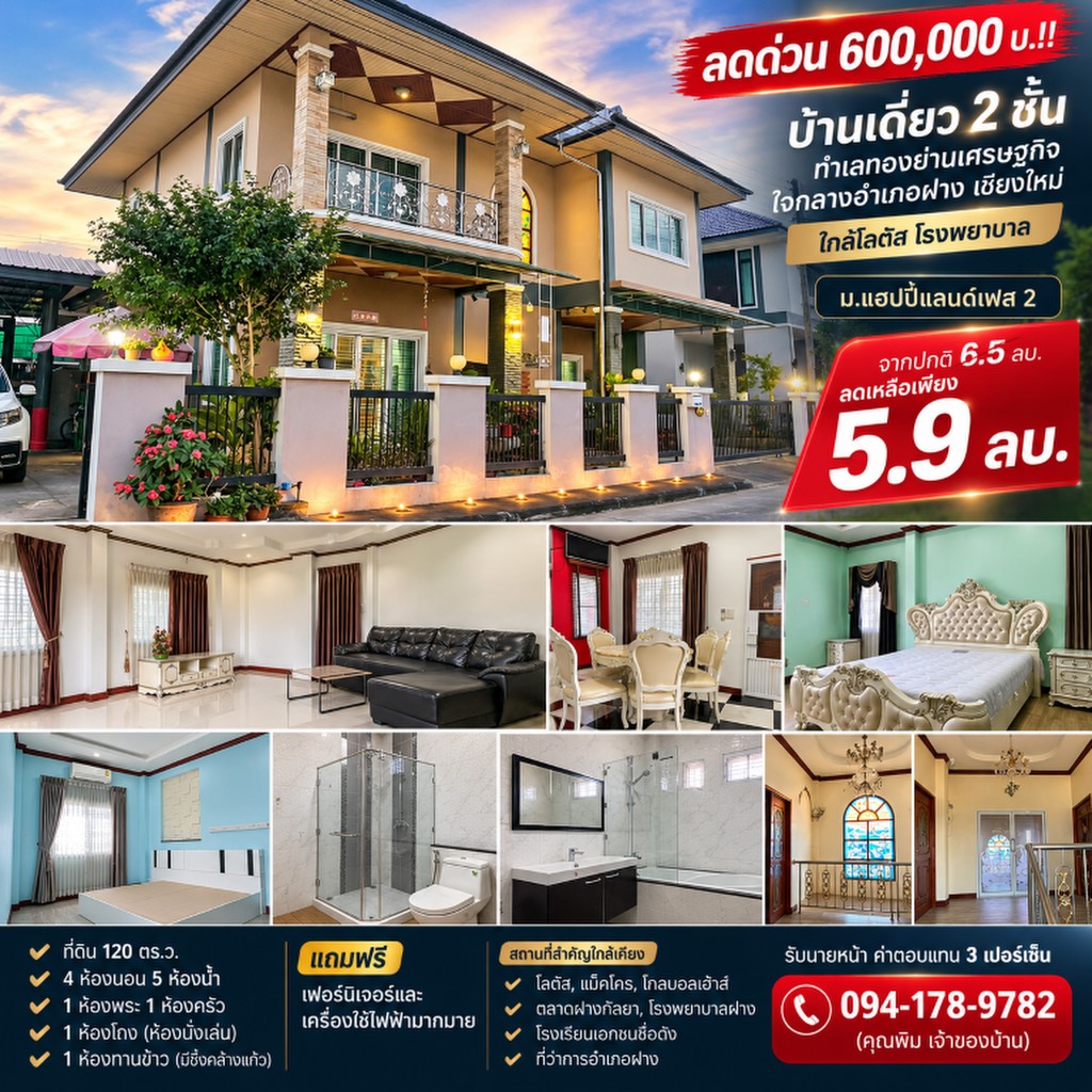 ลดด่วน 600,000 บ.!! บ้านเดี่ยว 2 ชั้น ทำเลทองย่านเศรษฐกิจ ใจกลางอำเภอฝาง เชียงใหม่ ใกล้โลตัส โรงพยาบ