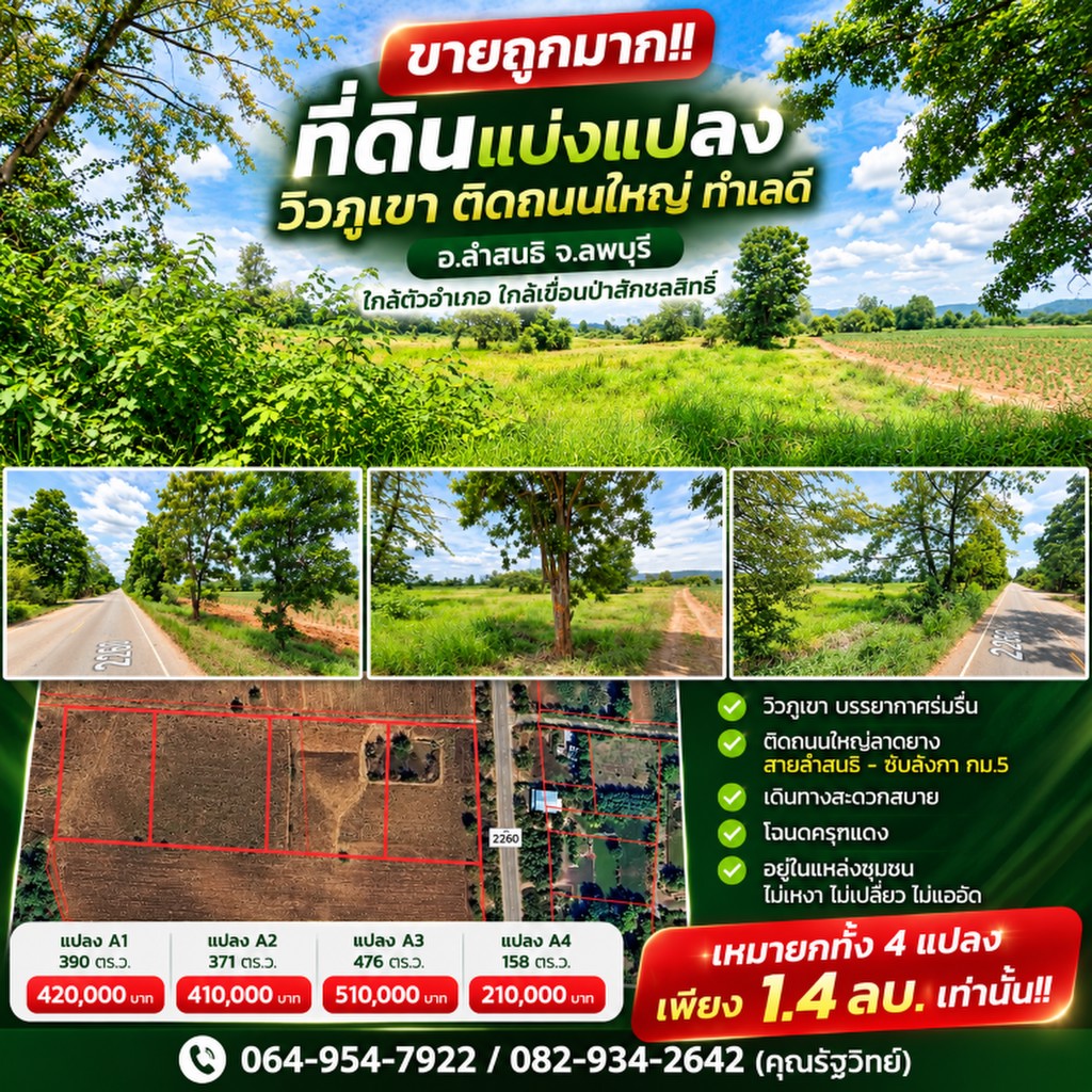 ขายถูกมาก!! ที่ดินแบ่งแปลงวิวภูเขา ติดถนนใหญ่ ทำเลดี อ.ลำสนธิ จ.ลพบุรี ใกล้ตัวอำเภอ ใกล้เขื่อนป่าสัก