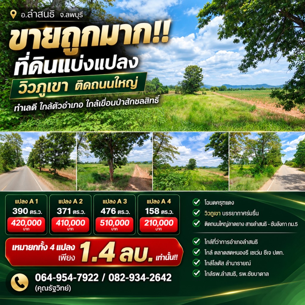 ขายถูกมาก!! ที่ดินแบ่งแปลงวิวภูเขา ติดถนนใหญ่ ทำเลดี อ.ลำสนธิ จ.ลพบุรี ใกล้ตัวอำเภอ ใกล้เขื่อนป่าสัก