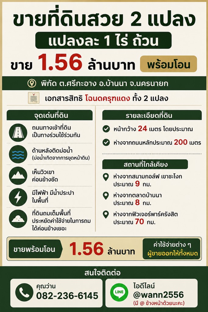 ขายที่ดินถมเเล้ว 1 ไร่ (มี 2 แปลง) ต.ศรีกะอาง โฉนดครุฑแดง ขายพร้อมโอน 1.56 ล้านบาท