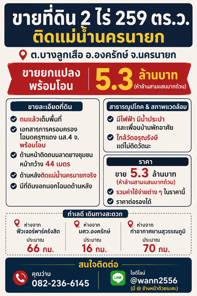 ขายที่ดิน 2 ไร่ 259 ตารางวา อำเภอองครักษ์ ติดถนนชุมชน ติดแม่น้ำนครนายก หน้ากว้าง 40 เมตร ใกล้กรุงเทพ